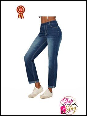 Women's Stretchy Pull-On Straight Leg Cuffed High Rise Jeans
